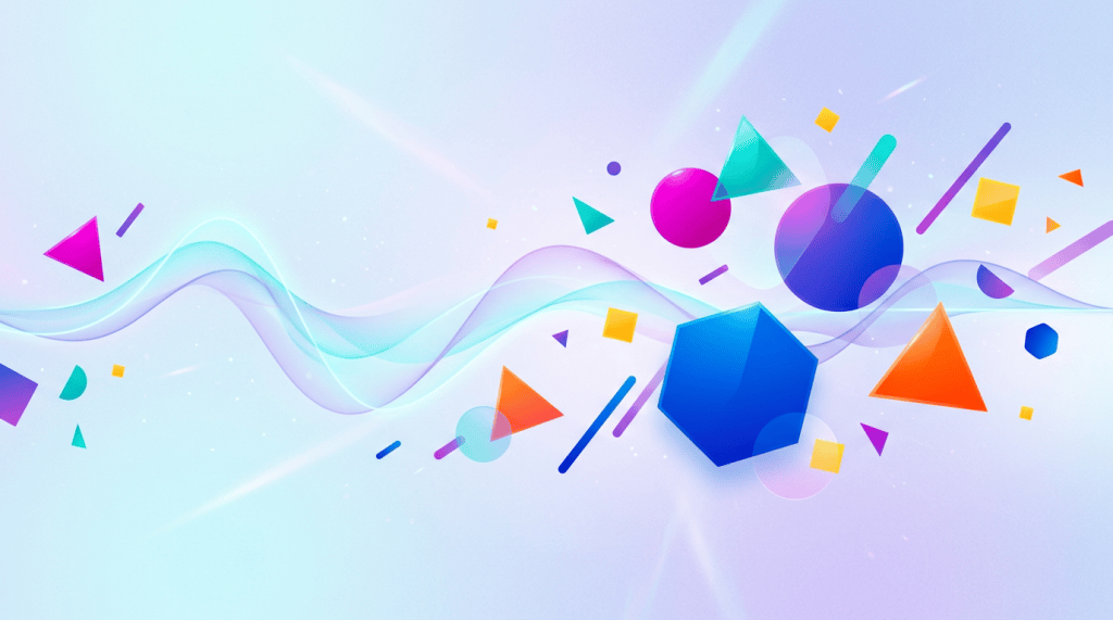 Colorful geometric shapes and flowing ribbons on a pastel background